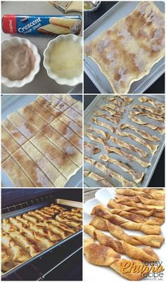 the process of making cinnamon buns is shown here