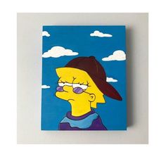 a painting of the simpsons wearing a hat and glasses on a blue background with clouds