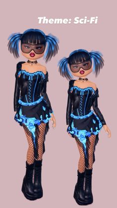 two dolls are dressed in black and blue