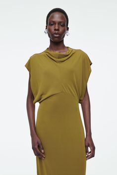 DRAPED COWL-NECK MIDI DRESS - KHAKI GREEN - COS Elegant Party Dress With Gathered Neckline, Fitted Midi Dress With Bias Cut And Cowl Back, Fitted Bias Cut Midi Dress With Cowl Back, Chic Formal Dress With Gathered Neckline, Fitted Cowl Back Bias Cut Midi Dress, Elegant Fitted Midi Dress With Cowl Back, Fitted Draped Dress With Gathered Neckline, Chic Cowl Neck Bias Cut Dress, Chic Bias-cut Dress With Cowl Neck