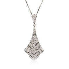 Ross-Simons - .33 ct. t. w. Diamond Pendant Necklace in Sterling Silver. 18". Here, .33 ct. t. w. diamonds shine bright in a vintage-style pendant design. Artfully crafted down to the cut-out details, this necklace is a contemporary design with inspiration from eras past. Crafted in polished sterling silver. Suspends from a box chain. Springring clasp, diamond pendant necklace. Diamond birthstones are the perfect gift for April birthdays. Art Deco Diamond White Necklace For Formal Occasions, Art Deco Diamond Pendant Necklace With Accents, Art Deco Diamond Necklace With Accents, Art Deco Necklace With Diamond Accents, Art Deco Diamond Necklace In Diamond White, Art Deco Diamond White Necklaces With Diamond Accents, Art Deco Diamond White Necklace For Anniversary, Formal Diamond Pendant Necklace With Accents, Art Deco Diamond White Diamond Necklace