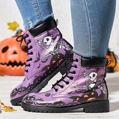 Category:Boots; Upper Materials:Faux Leather; Season:Spring   Fall,Winter; Heel Type:Low Heel; Gender:Women's; Toe Shape:Round Toe; Style:Comfort,Classic; Heel Height(inch):<1; Outsole Materials:Rubber; Occasion:Halloween,Outdoor; Closure Type:Lace-up; Listing Date:08/11/2023; Production mode:External procurement; 2023 Trends:Plus Size,Combat Boots; Foot Length:; Foot Width:; SizeChart1_ID:2:184043 Skull Pumpkin, Styles Ideas, Purple Decor, Clothes Men, Winter Ankle Boots, Classic Boots, Gothic Style, Lace Up Ankle Boots, Halloween Skull