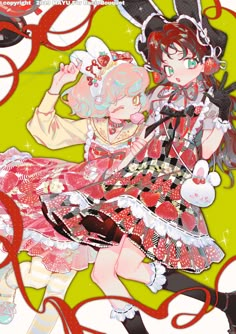 two anime characters are hugging each other on the cover of a magazine, with red and green circles around them