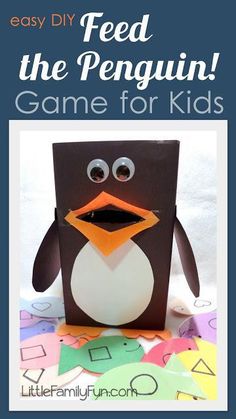 a penguin made out of paper with the words feed the penguin game for kids