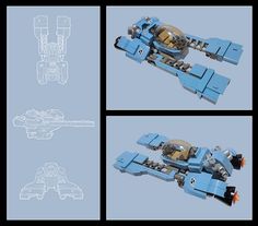 four different views of a blue lego star wars vehicle with instructions to make it look like the