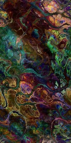 an abstract painting with lots of colors and patterns on it's surface, as well as