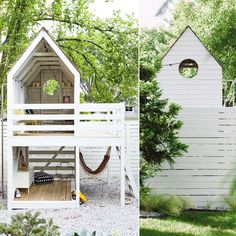 a white house with a hammock on the roof and a tree in the yard