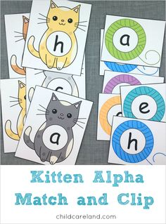 the kitten alphabet match and clip cards are shown