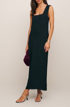 Chic Solid Color Bias Cut Maxi Dress, Sleek Maxi Dress With Straight Neckline, Sleeveless Sleek Maxi Dress With Flattering Silhouette, Sleek Sleeveless Maxi Dress With Flattering Silhouette, Sleeveless Sleek Maxi Dress, Sleek Maxi Dress With Flattering Silhouette, Sleeveless Viscose Maxi Dress For Evening, Sleeveless Viscose Maxi Dress For Work, Sleeveless Solid Maxi Dress With Side Slits