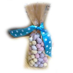 a bag filled with lots of small eggs