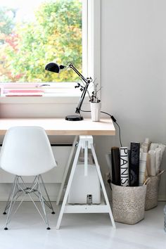 a white desk with two chairs next to it and a window in the back ground