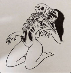 a drawing of a woman holding a skeleton