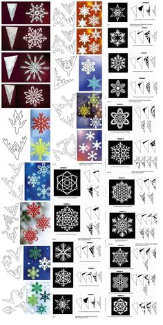 snowflakes are shown in different colors and shapes, including one that looks like an origami