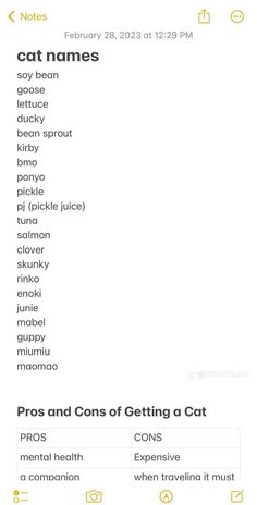 an iphone screen with the words pros and cons of getting a cat
