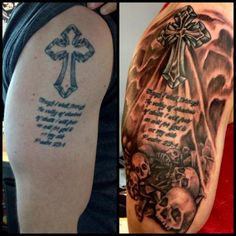 two different tattoos with skulls and crosses on them