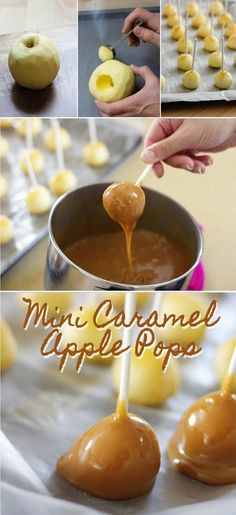 mini caramel apple pops are being dipped with chocolate