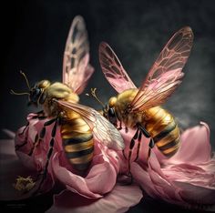 two bees sitting on top of pink flowers