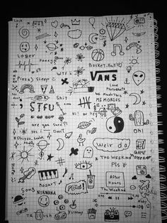 a notebook covered in doodles and writing on it's side, with the words vans written all over it