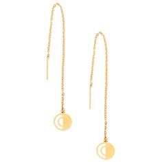 These Circle threader gold earrings are perfect When the occasion calls for a grand entrance. Sarvin dangle earring are made with 18K gold. Persian inspired pull through earrings are handcrafted in circle detailing. These small round shape dangle earrings offer you the opportunity to wear them in a few different ways for different moods. Minimalist and delicate thread through earrings length can be adjusted depending on how far the chain is pulled through the ear. These drop earrings are availab Pierced Circle Yellow Gold Jewelry, Pierced Yellow Gold Circular Jewelry, Yellow Gold Circular Pierced Jewelry, Tarnish Resistant Yellow Gold Circle Earrings, Modern Yellow Gold Earrings With Adjustable Chain, Yellow Gold Round Linear Earrings With Ear Wire, Gold Tarnish Resistant Round Linear Earrings, 14k Gold Round Linear Earrings, Luxury 14k Gold Round Linear Earrings