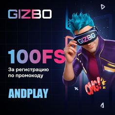 an advertisement for the game gizbo, featuring a man with blue hair and blindfold