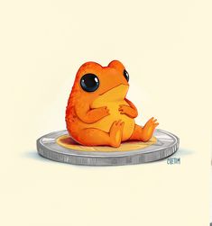 an orange frog sitting on top of a metal plate