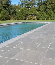 an empty swimming pool surrounded by trees