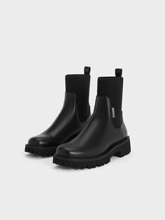 Black Knitted Sock Ridge-Sole Chelsea Boots | CHARLES & KEITH Knitted Socks, Brand Collaboration, Size Chart For Kids, Black Chelsea Boots, Charles Keith, Platform Boots, Fall Winter Outfits, Winter Outfit, Black Knit