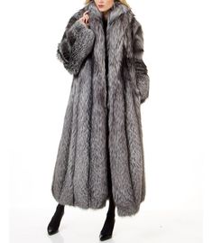 Women's Full Length Silver Fox Fur Coat: FurSource.com Elegant Long Outerwear With Faux Fur Lining, Long Faux Fur Coat For Winter, Winter Long Fur Coat With Feather Trim, Long Fur Coat With Feather Trim, Long Winter Fur Coat With Faux Fur Trim, Luxury Long Fur Coat For Fall, Luxury Long Outerwear, Long Faux Fur Coat With Faux Fur Lining, Long Mink-colored Faux Fur Coat