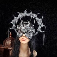 SET Halo & Blind Mask the Moon Fantasy Goth - Etsy Fairy Mask Aesthetic, Goth Mask Masquerade Ball, Moon Mask Design, Moon Halo Crown, Celestial Masquerade Mask, Moon Mask Masquerade, Moon Masquerade Mask, Fantasy Masquerade Mask, Moon Masquerade