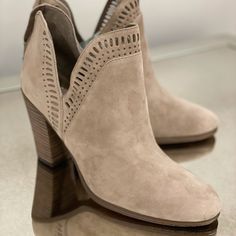 These Beautiful Vince Camuto Suede Booties With Detail Cutout Are Practically Brand New. Worn Only Once!!! I Own These In Multiple Colors And They Are Gorgeous Light Taupe Color. Suede Booties With Stacked Heel, Closed Toe, Stacked Heel Booties With Medium Width, Suede Booties With Reinforced Heel, Booties With 4-inch Heel And Round Toe, Medium Width Closed Toe Booties With 4-inch Heel, Medium Width Booties With 4-inch Heel, Chic Suede Closed Toe Booties, Chic Closed Toe Suede Booties, Chic Closed Toe Booties With Stacked Heel