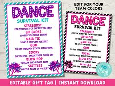 the dance survival kit is shown in pink and purple