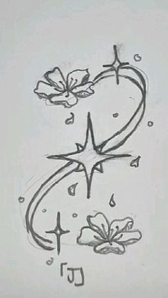 a drawing of a heart with flowers and stars on it's side, in the shape of a star