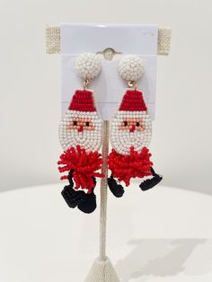 Beaded Santa Earrings Christmas White Beaded Dangle Earrings, White Christmas Beaded Dangle Earrings, White Beaded Christmas Dangle Earrings, White Beaded Dangle Earrings For Christmas, Festive White Earrings With Colorful Beads, Festive White Beaded Earrings With Dangling Beads, Festive White Beaded Dangling Earrings, Festive White Beaded Earrings, White Beaded Clip-on Earrings For Gift