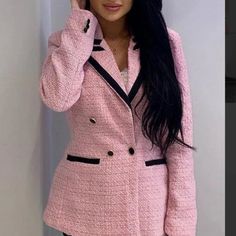 Stunning Classic Pink Tweed Double Breasted Blazer With Black Trim Lined Brand New Polyester Elegant Pink Tweed Outerwear, Chic Pink Tweed Blazer, Formal Pink Tweed Blazer, Winter Pink Tweed Blazer, Trendy Pink Tweed Outerwear, Women's Workwear Fashion, Pink Tweed, Line Branding, Workwear Fashion