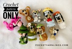 small crocheted animals are arranged in a row on a white background with the words, crochet pattern only