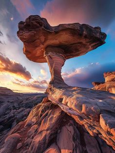 a large rock formation in the middle of a desert at sunset with clouds above it