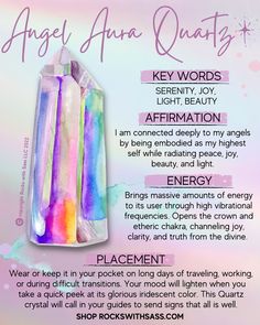 Approximate weights: Small: .045-.065 lbs - $6.99 Medium: .07-0.1 lbs - $12.99 Large: .12 lbs - $16.99 You will receive 1 intuitively selected Aura Quartz point and a meaning card with your order. KEY WORDS: Serenity, Joy, Light, Beauty ENERGY: Angel Aura Quartz is the rainbow cutting through a storm. This divine crystal is powerful. It is so powerful, in fact, that its energy can be felt by some to the touch. Much like Moldavite, Angel Aura Quartz brings massive amounts of energy to its user th Peace And Positivity, Crystal Healing Chart, Aura Quartz Cluster, Crystals Healing Properties, Spiritual Crystals, Angel Aura Quartz, Crystal Healing Stones, Angel Aura, Crystals Healing