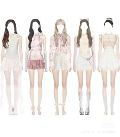 four female mannequins are standing side by side, all wearing short skirts