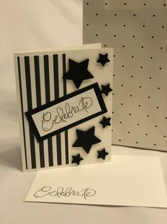 two black and white cards with stars on them, one is for someone's birthday