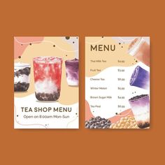 two menus with different types of drinks and food items on the front, side and back