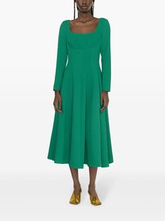 Elegant Green Dress With Square Neck, Evening Green Midi Dress With Straight Neckline, Green Midi Dress With Straight Neckline For Evening, Green Straight Neckline Midi Dress For Evening, Green Midi Dress With Straight Neckline For Formal Occasions, Elegant Long Sleeve Crepe Midi Dress, Fitted A-line Midi Dress In Crepe, Green Long Sleeve Maxi Dress With Fitted Bodice, Green Square Neck Maxi Dress For Party