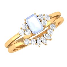 Emerald Cut Moonstone Solitaire Ring Set with Diamond Moonstone - ( AAA ) - Quality - Rosec Jewels Solitaire Ring Set, Wedding Ring Set, 18k Yellow Gold Ring, Moonstone Ring, Types Of Rings, Out Of This World, Special Person, Wedding Ring Sets, Yellow Gold Rings