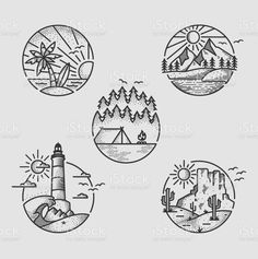 four hand drawn badges with mountains, trees and lighthouses in the middle one is black and white