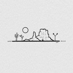 the desert with cactus trees and mountains in the background, drawn by hand on white paper