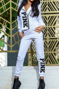 Letter Print Zip Front Hoodie & Zip Pocket Joggers Set Sports Letters, Two Piece Jumpsuit, Trendy Fashion Outfits, Printed Trousers, White Casual, Two Piece Outfit, Wholesale Clothing, Online Womens Clothing