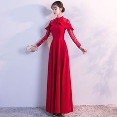 Chic / Beautiful Red Evening Dresses 2018 Empire Lace Flower High Neck Long Sleeve Floor-Length / Long Formal Dresses Festive Long Sleeve Maxi Dress For Banquet, Red Long Sleeve Banquet Dress, Festive Red Dress For Banquet, Red Long Dresses For Banquet, Red Evening Dress For Banquet, Winter Wedding Maxi Dress With Long Sleeves, Winter Wedding Long Sleeve Maxi Dress, Red Festive Evening Gown, Red Long Sleeve Party Gown