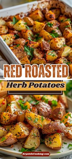 red roasted herb potatoes with parsley on top and in a baking dish next to the recipe title