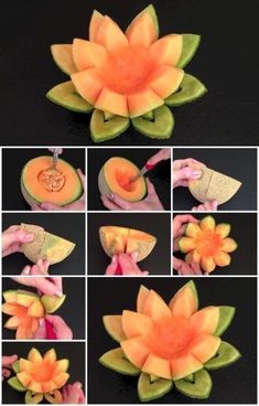 there are many pictures of flowers made out of fruit