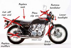 the parts of a motorcycle are labeled in red and white letters on a white background