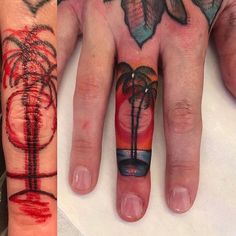 two different tattoos on hands with palm trees